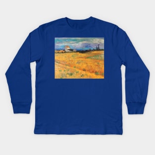 Van Gogh Wheat Field with Farmhouse Kids Long Sleeve T-Shirt